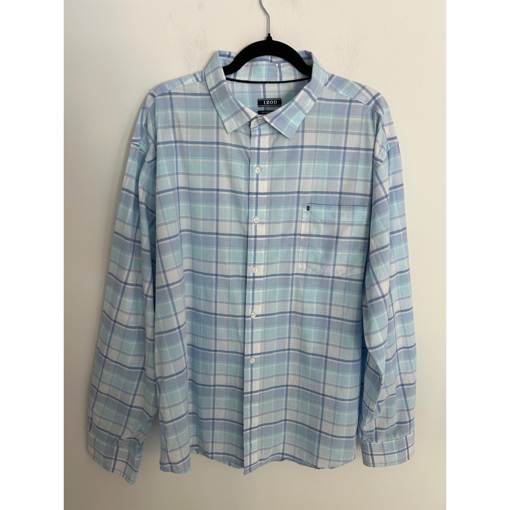 IZOD Mens 2XL Regular Fit Soft Washed Essentials Blue Plaid Button Down Shirt